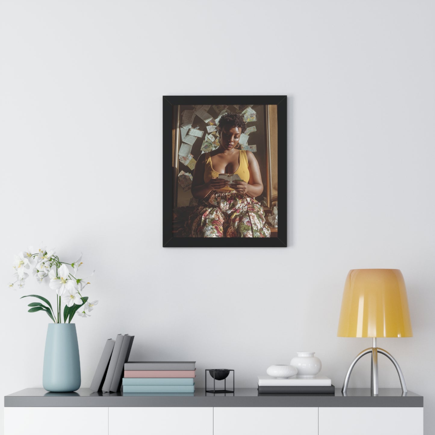 Warm Aesthetic Poster – Black Woman Reading in Floral Skirt with Handwritten Notes
