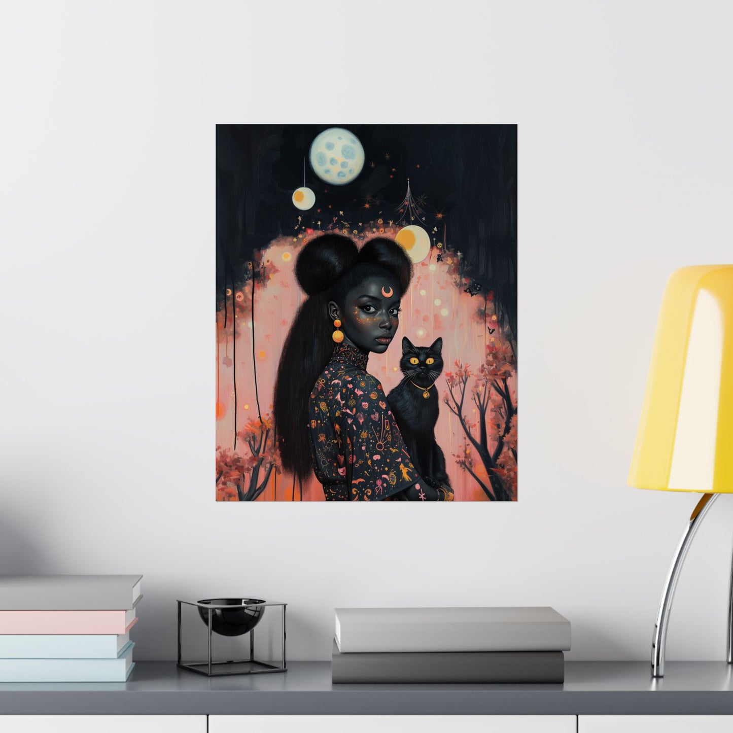 Black Witch & Black Cat Poster | Sakura Moon | Art Print for Kids Room