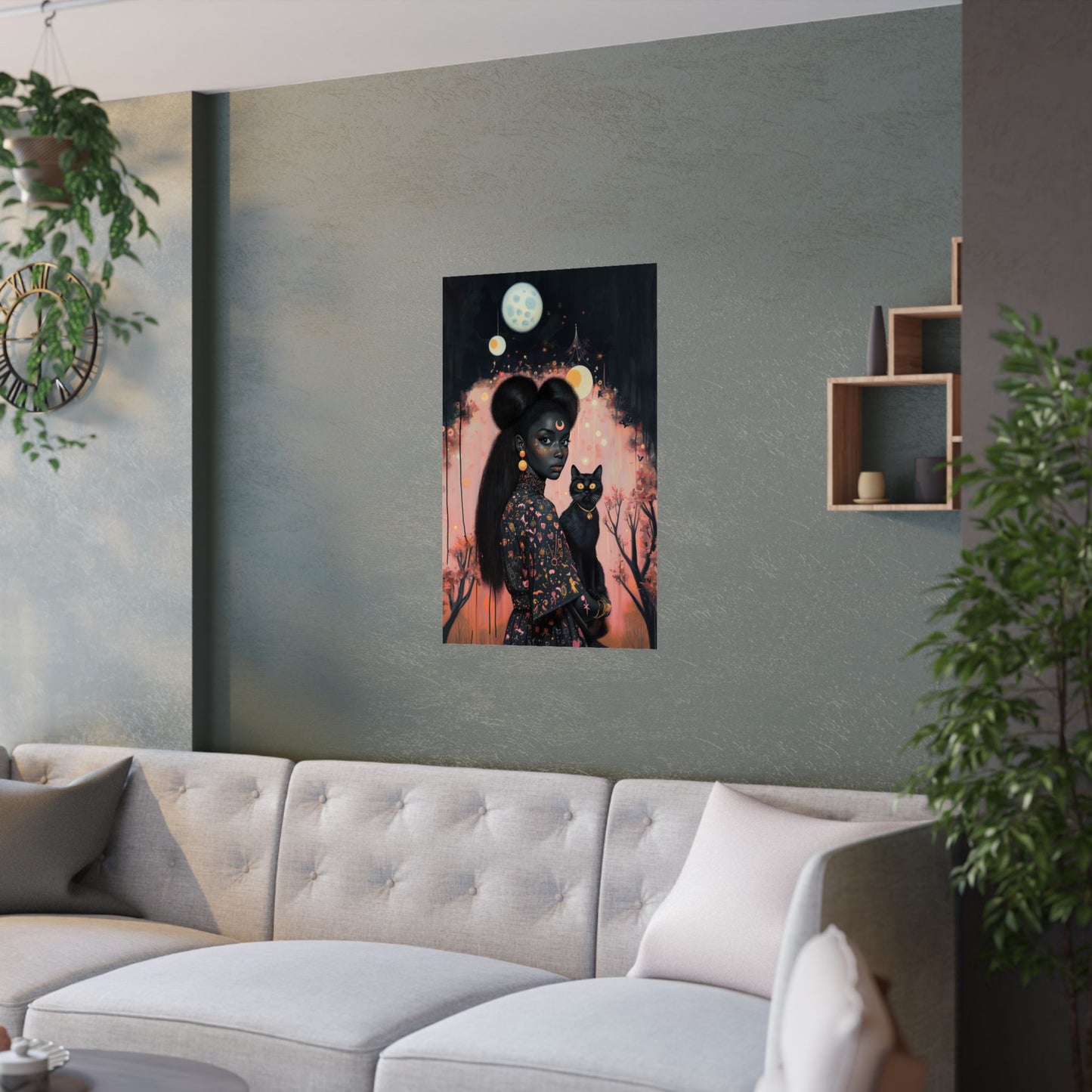 Black Witch & Black Cat Poster | Sakura Moon | Art Print for Kids Room