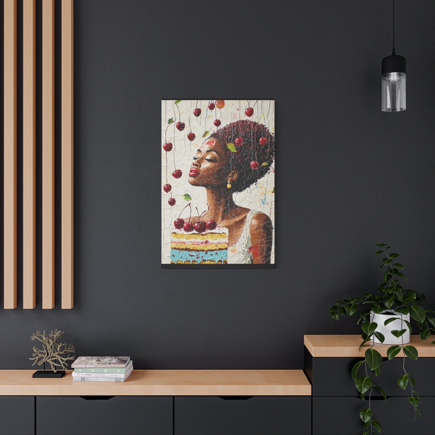 Whimsical Cherry Cake Canvas Art Print – Joyful Black Woman Portrait