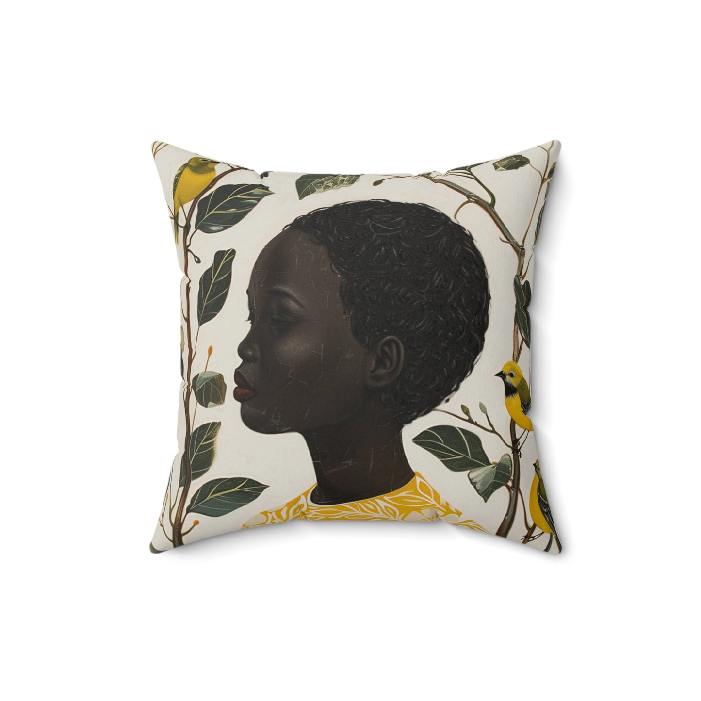 Black Woman, Yellow Bird & Flowers Art | Square Pillow with Zipper | 4 sizes