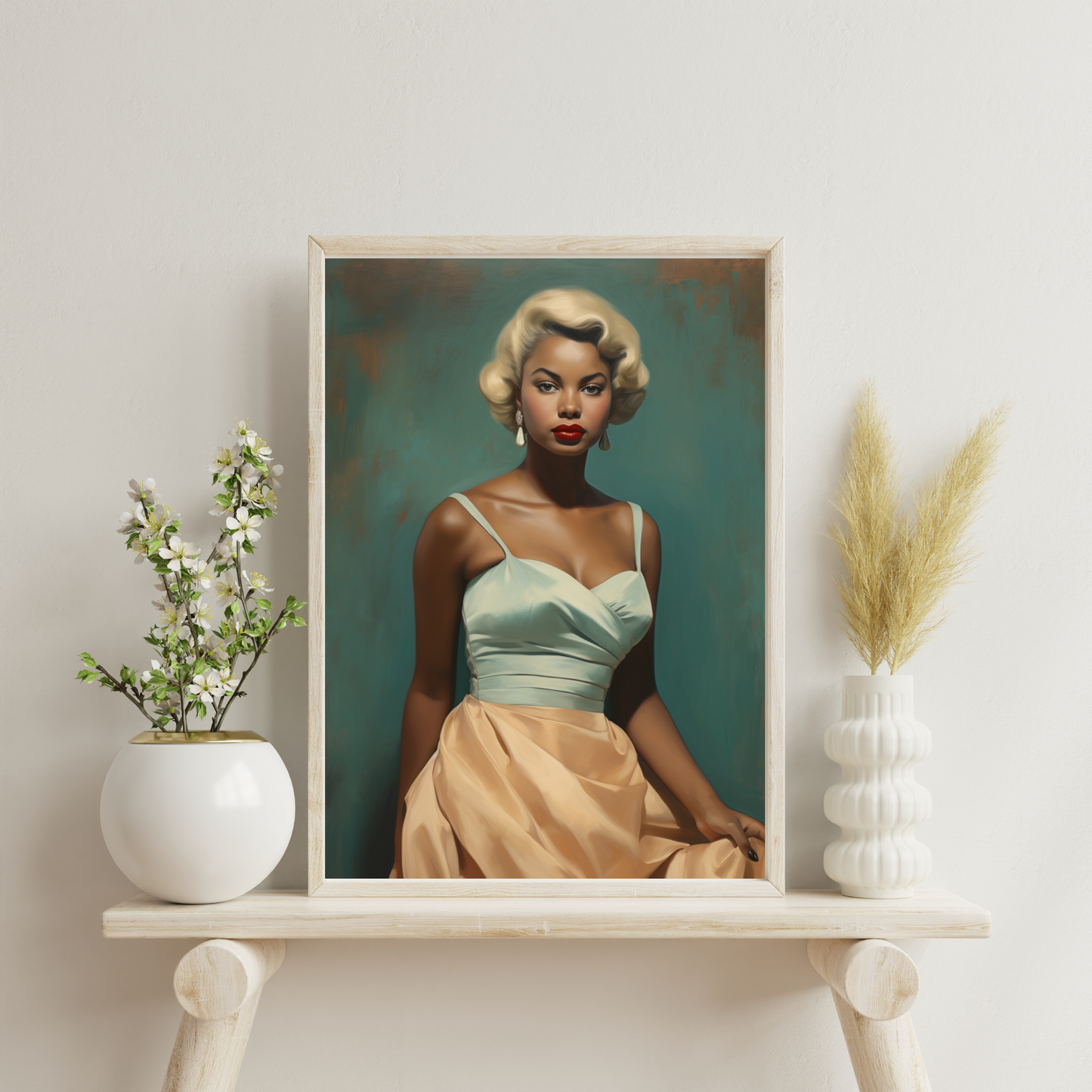Hollywood Glam Black Woman, Blonde Hair – Blue & Gold Dress