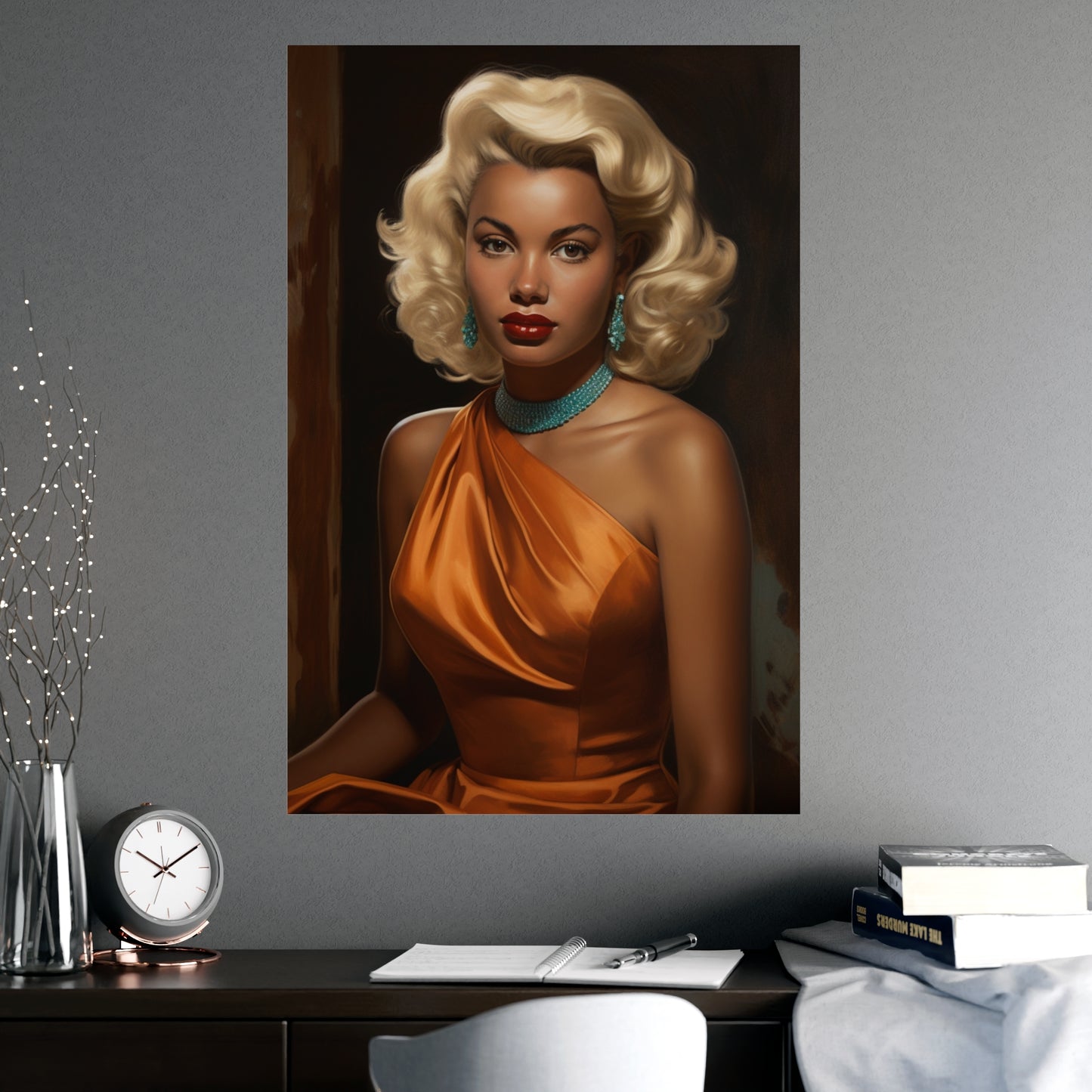 Black Vintage Glamour Poster – Classic Art of Black Woman in Orange Dress