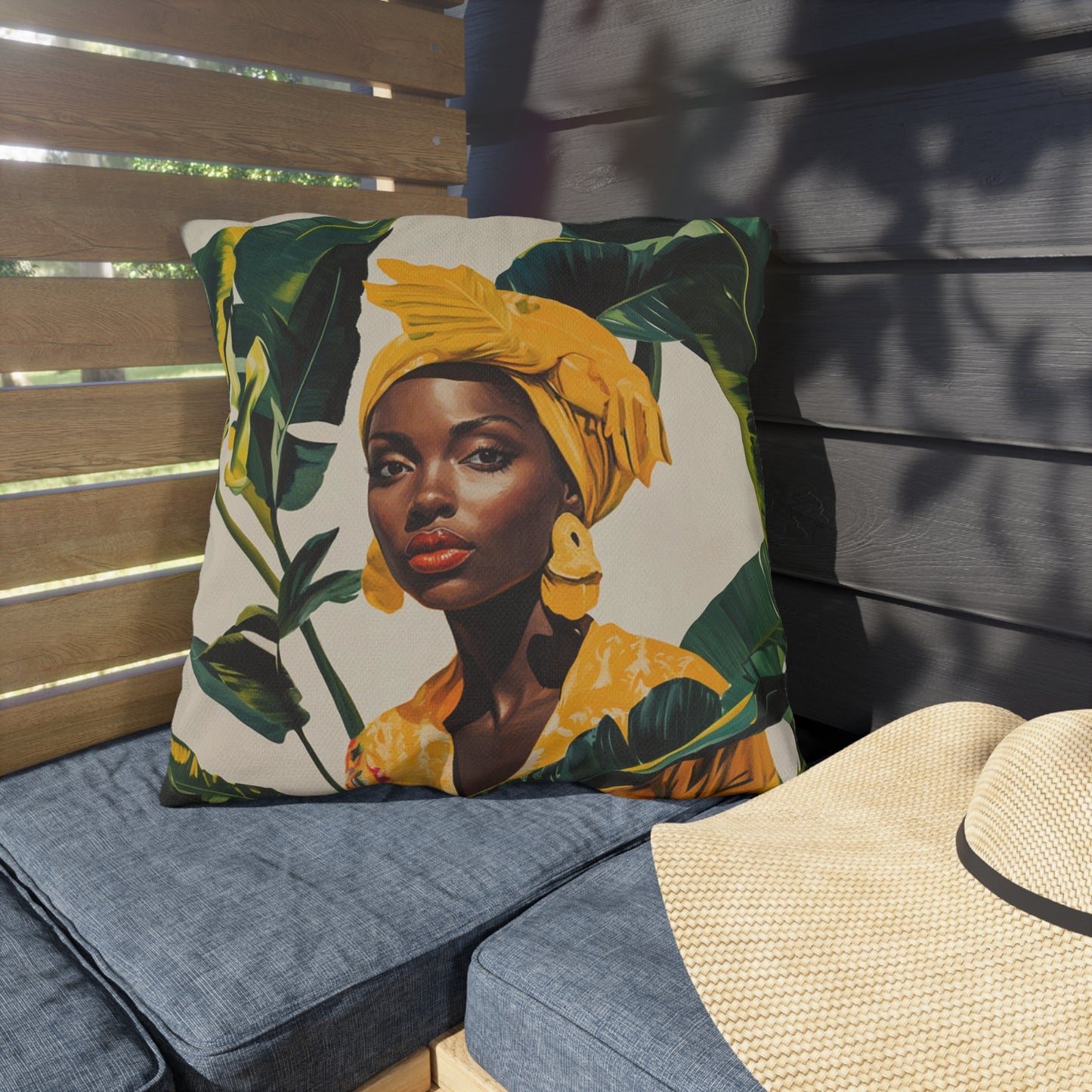 Black Woman in Yellow Headwrap & Dress, Outdoor Pillow, 3 sizes