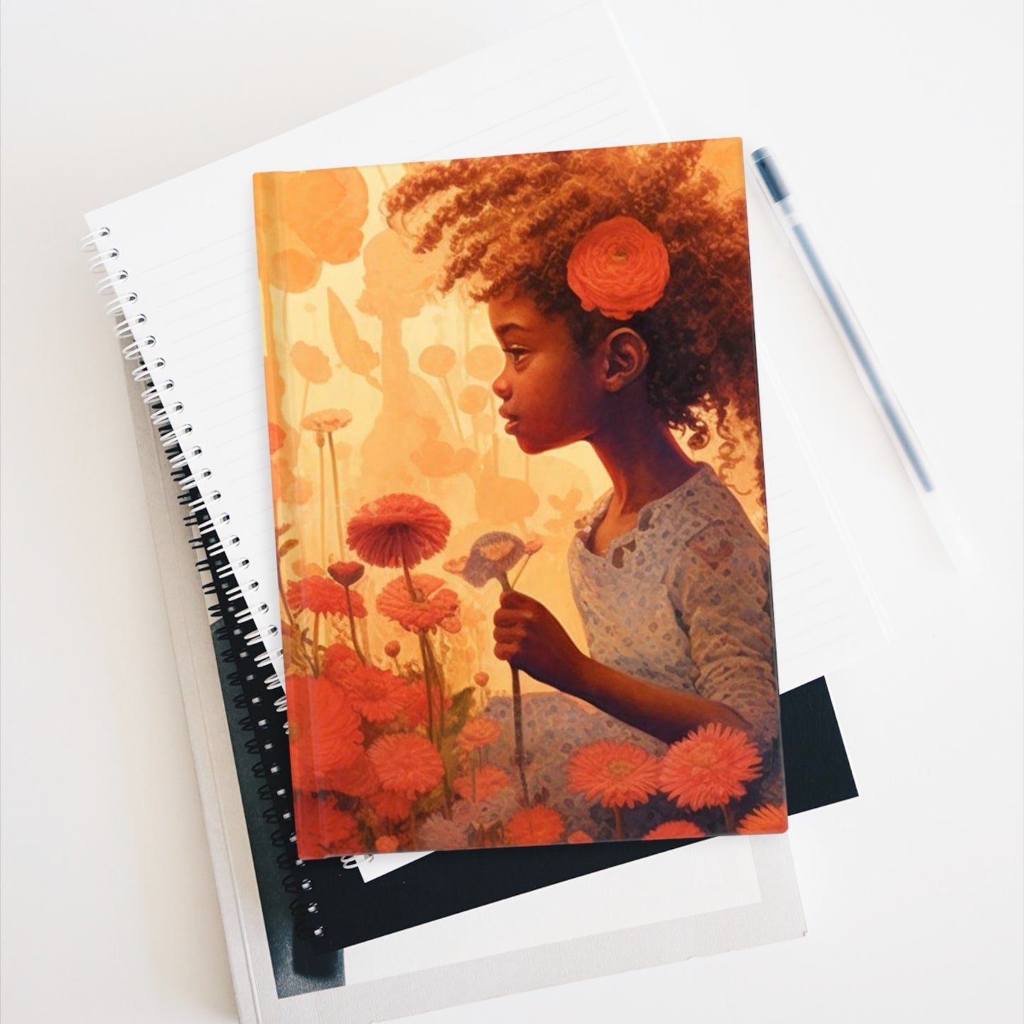 Black Girls in Flower Field, Natural Hair Hardcover Journal for Writing, Lined