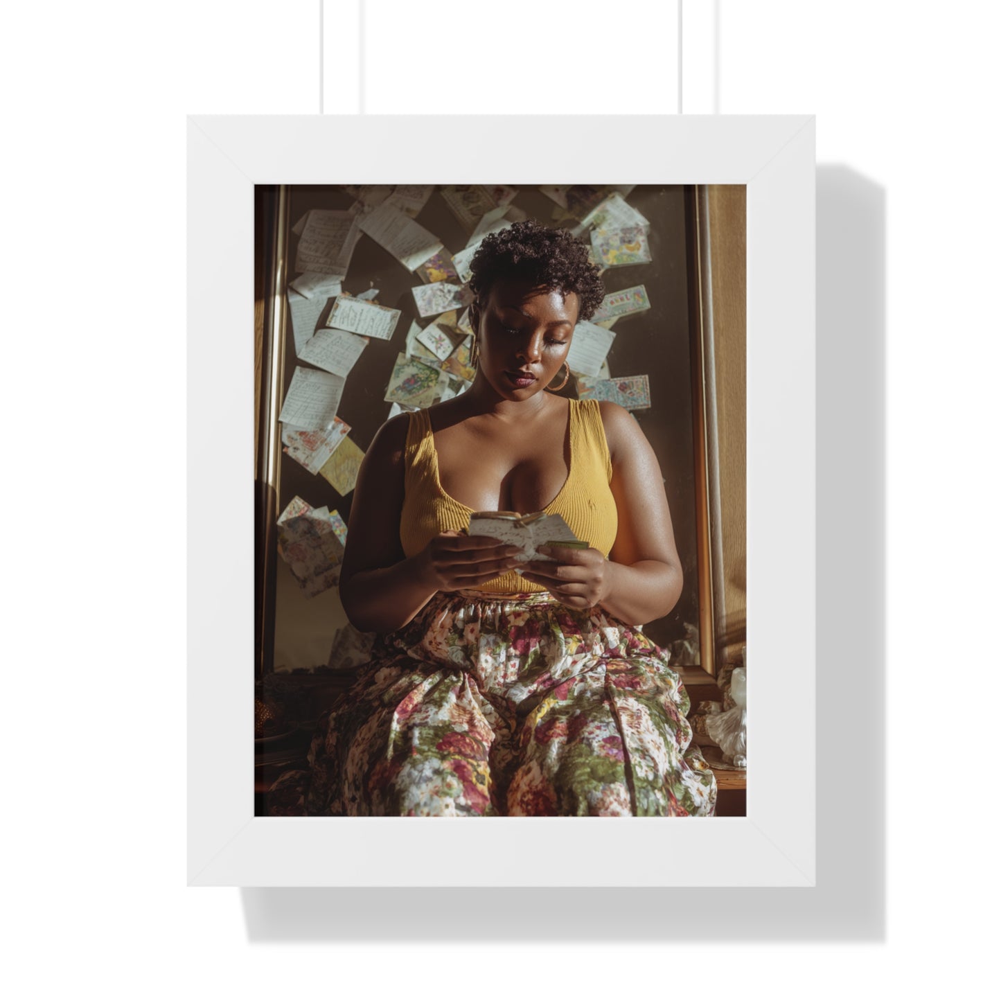 Warm Aesthetic Poster – Black Woman Reading in Floral Skirt with Handwritten Notes