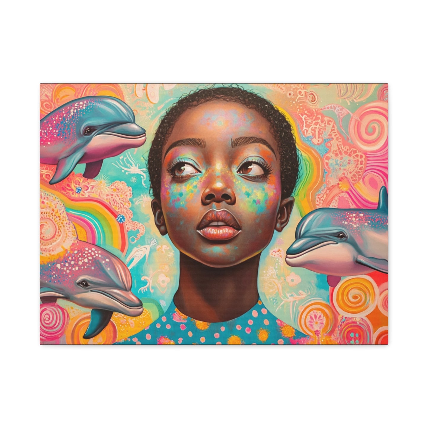 Vibrant Fantasy Dolphin & Black Girl Canvas Wall Art for Nursery, Hallway or Living Room