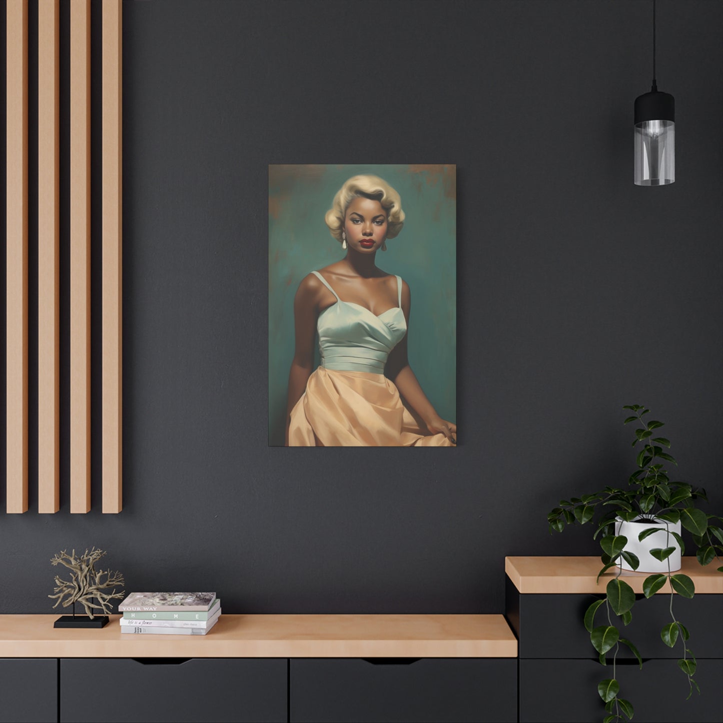 Hollywood Glam Black Woman, Blonde Hair – Blue & Gold Dress
