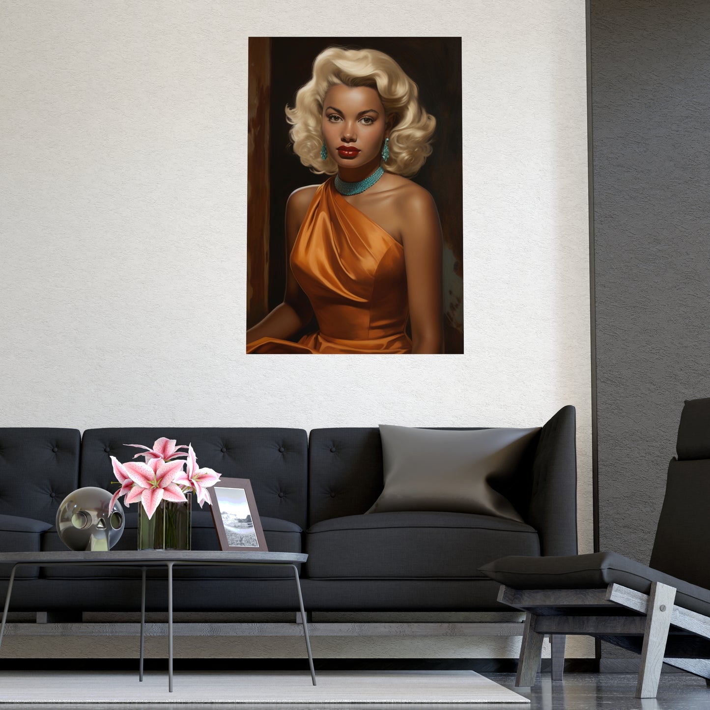 Black Vintage Glamour Poster – Classic Art of Black Woman in Orange Dress