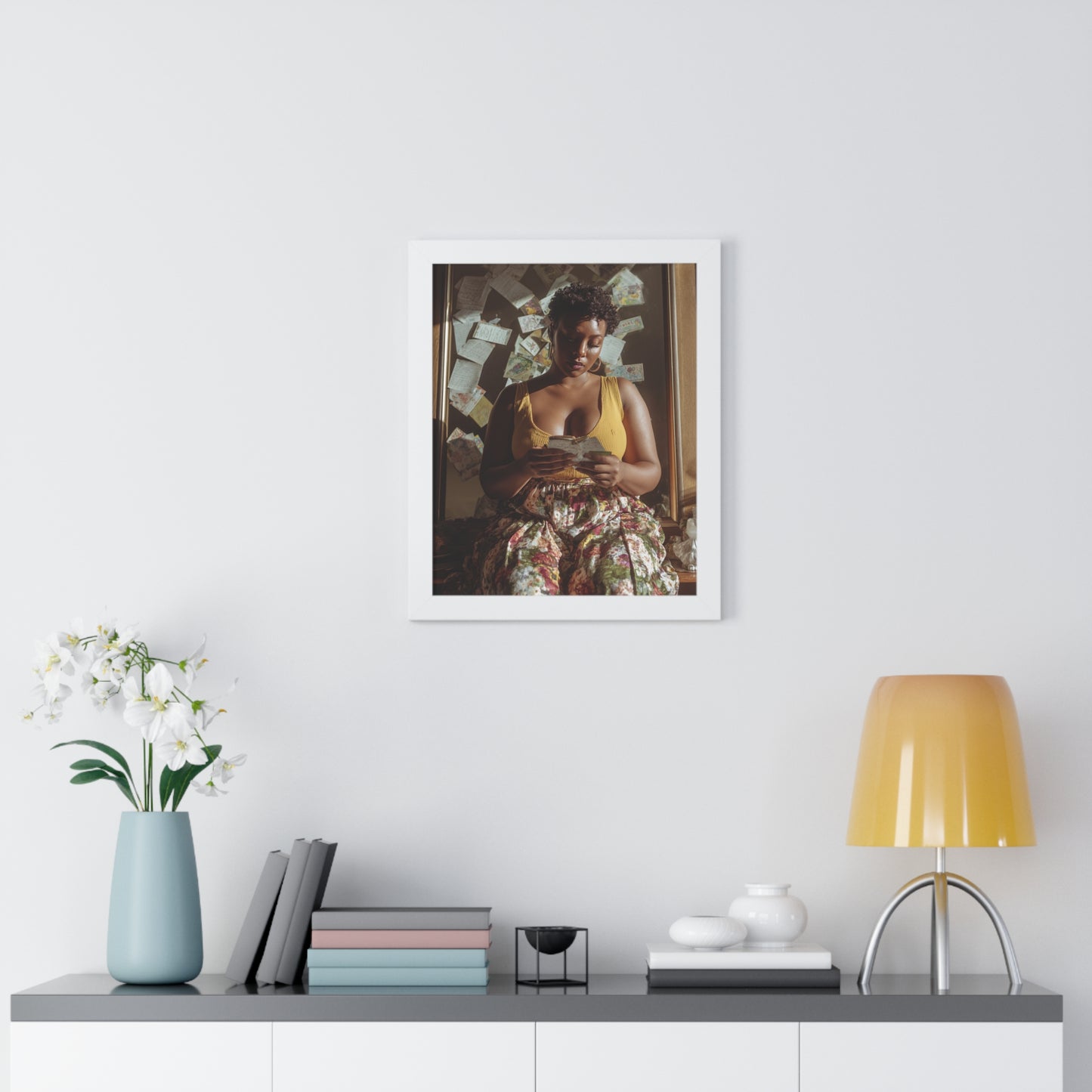 Warm Aesthetic Poster – Black Woman Reading in Floral Skirt with Handwritten Notes