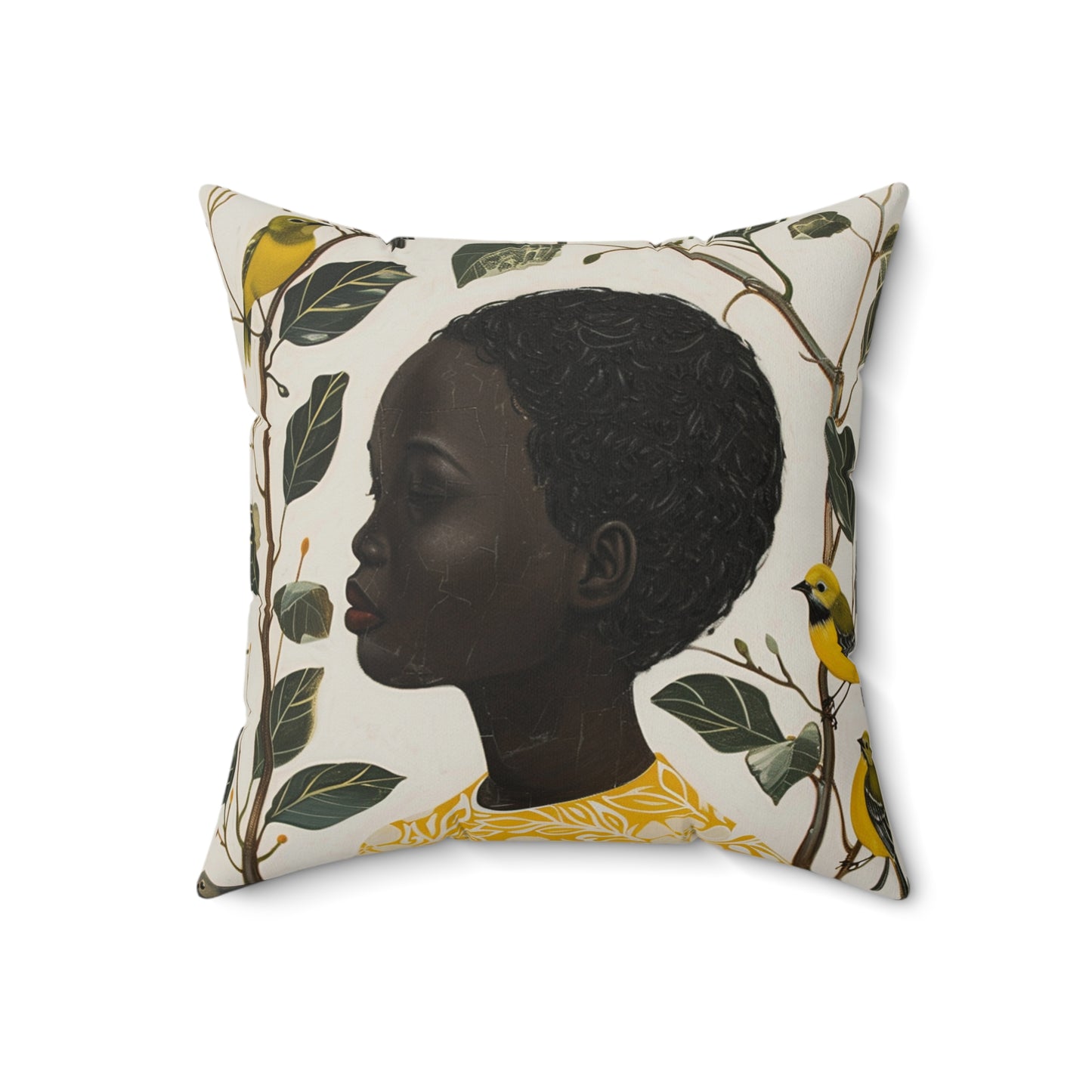 Black Woman, Yellow Bird & Flowers Art | Square Pillow with Zipper | 4 sizes