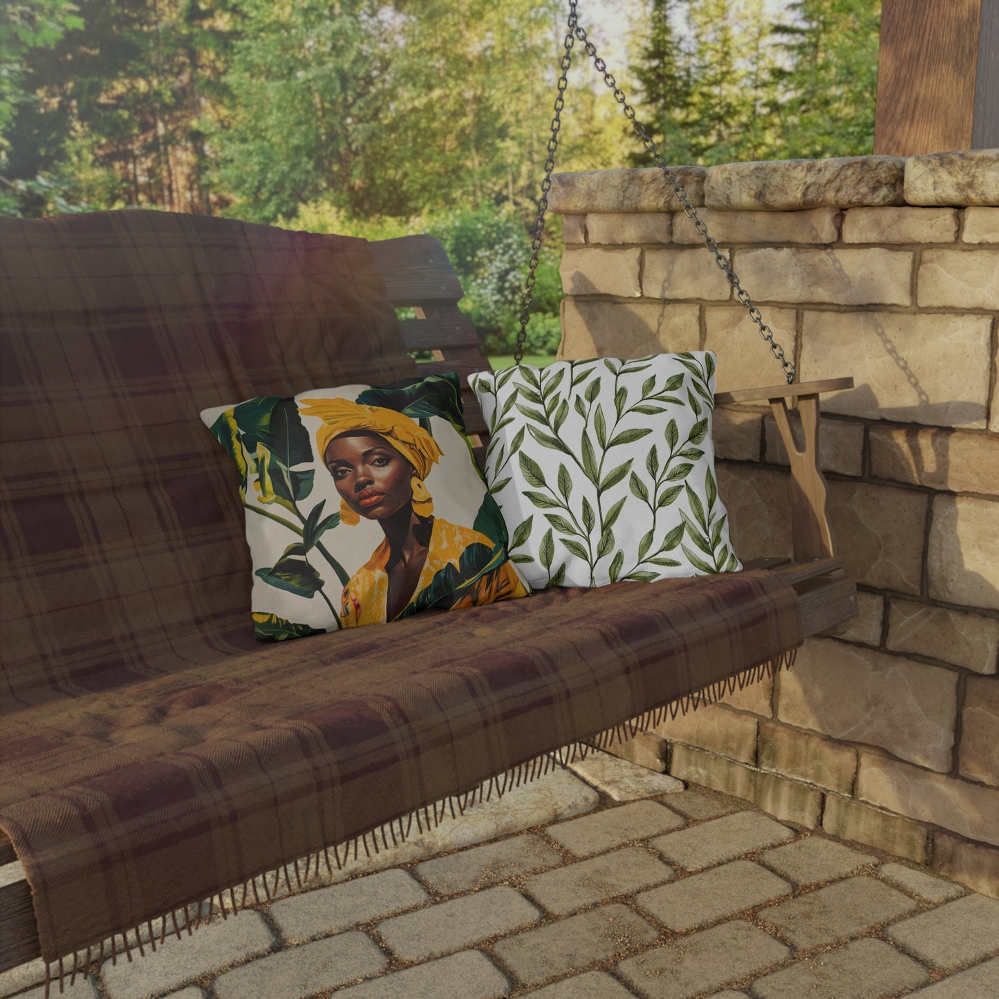 Black Woman in Yellow Headwrap & Dress, Outdoor Pillow, 3 sizes