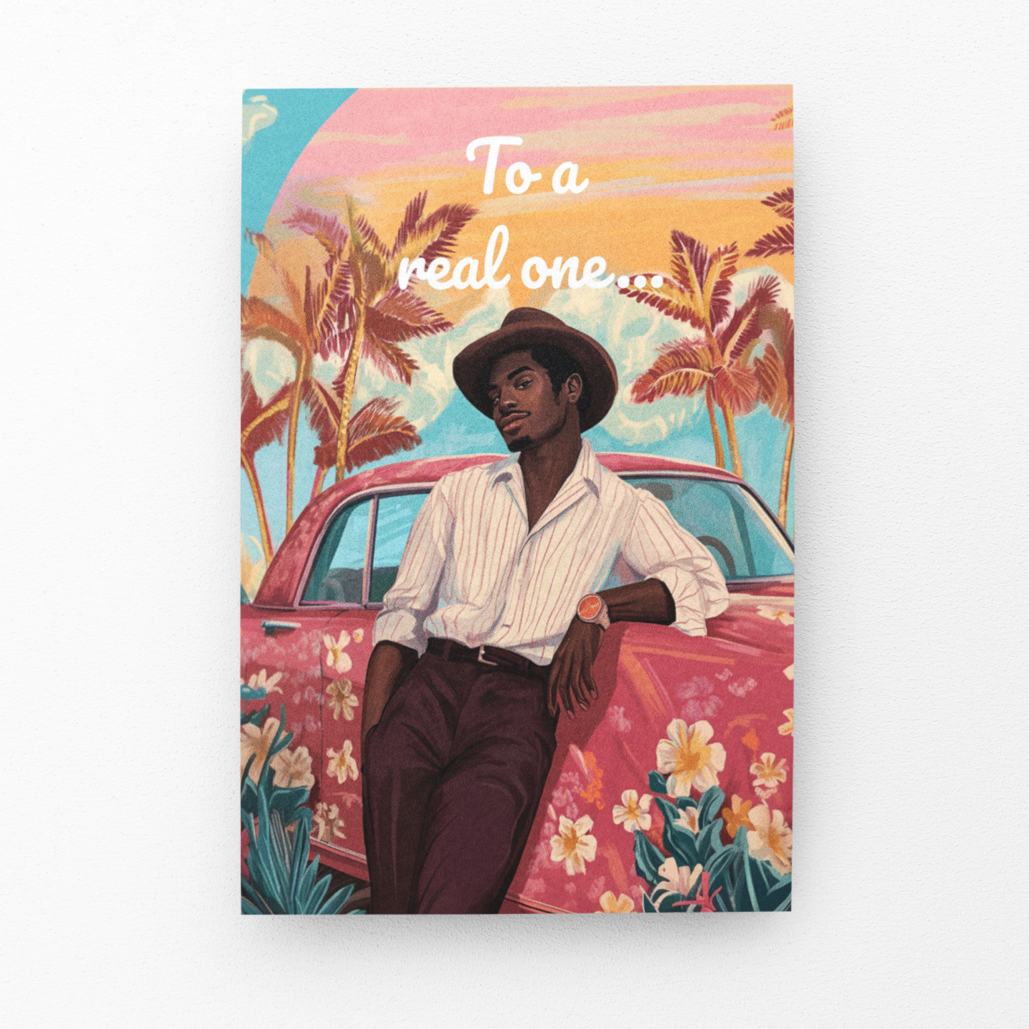 Greeting card for Black Father Figures – Floral Vintage Car Scene