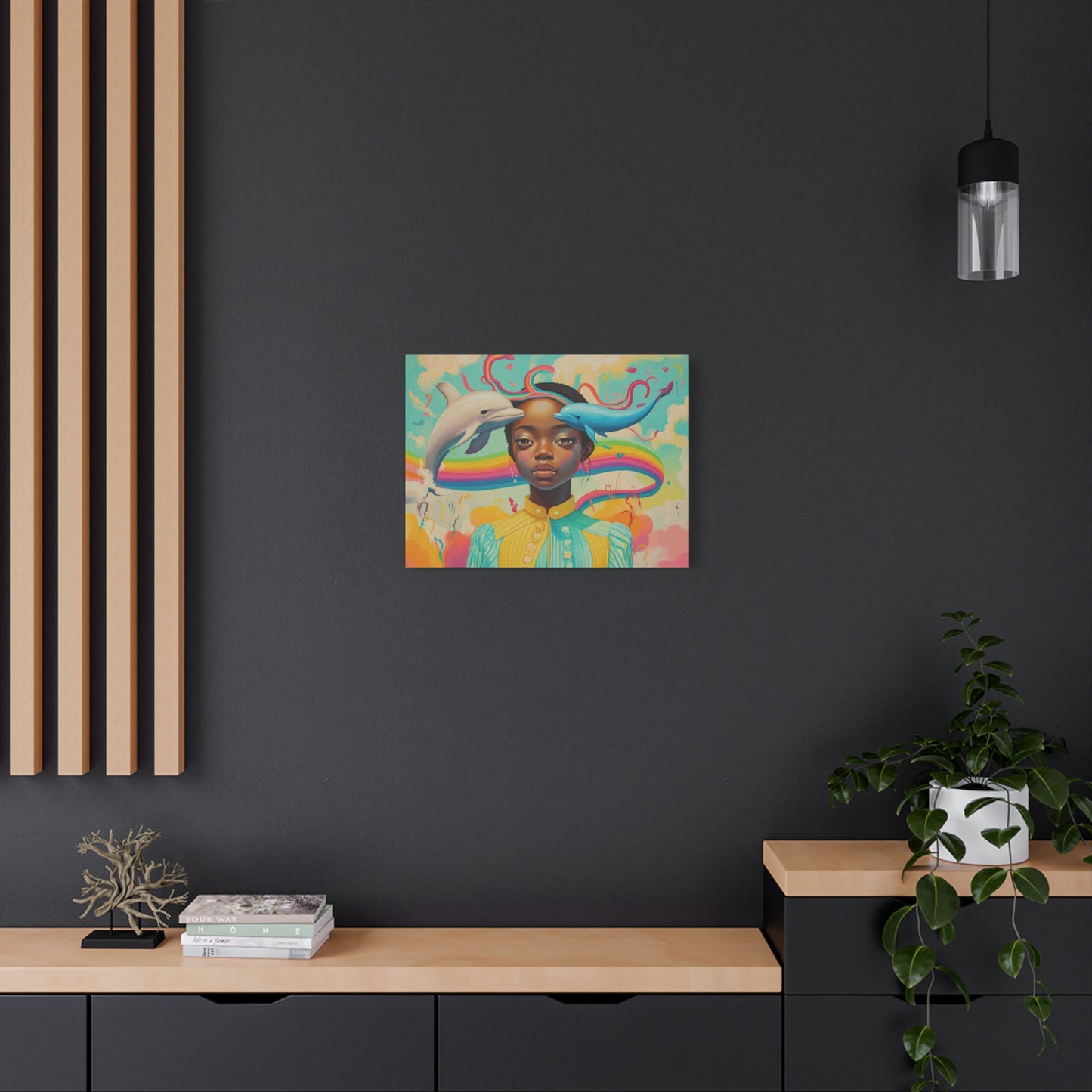 Pastel Dolphin & Girl Canvas Wall Art | Black Psychedelic Art