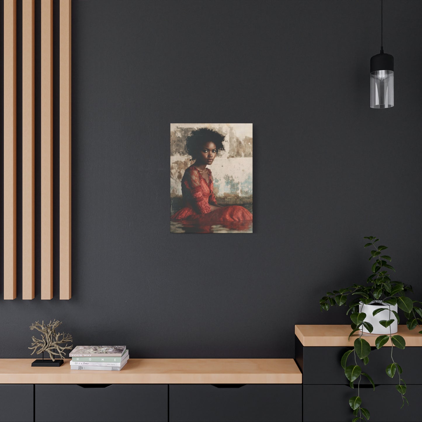 Portrait of Black Woman Natural Hair in Red Lace Dress