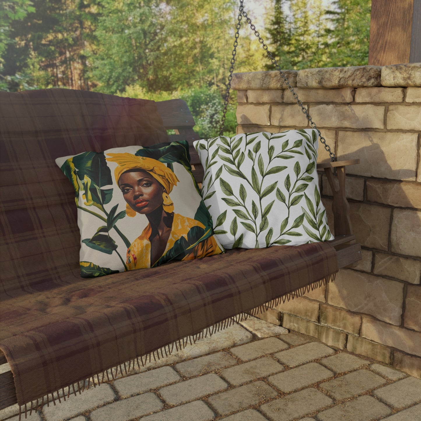 Black Woman in Yellow Headwrap & Dress, Outdoor Pillow, 3 sizes