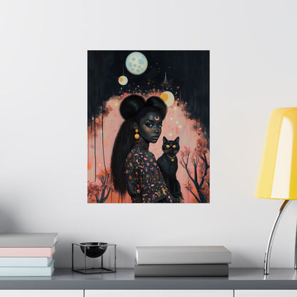 Black Witch & Black Cat Poster | Sakura Moon | Art Print for Kids Room