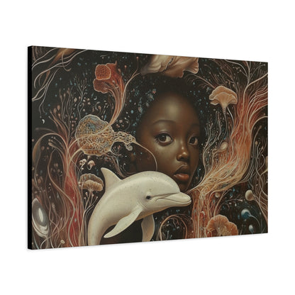 Black Girl and Dolphin Fantasy Art – Mystical Ocean-Themed Canvas Wall Decor