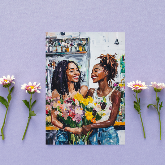 Black Floral Illustration, Black Women w/ Bouquet - Appreciation & Gratitude