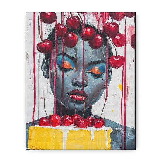 Bold & Beautiful Cherry Portrait – Black Woman Holding Cake Wall Art