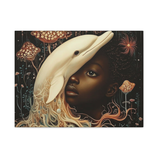 Fantasy Art Print – Black Girl and White Dolphin in Dreamlike Ocean Scene