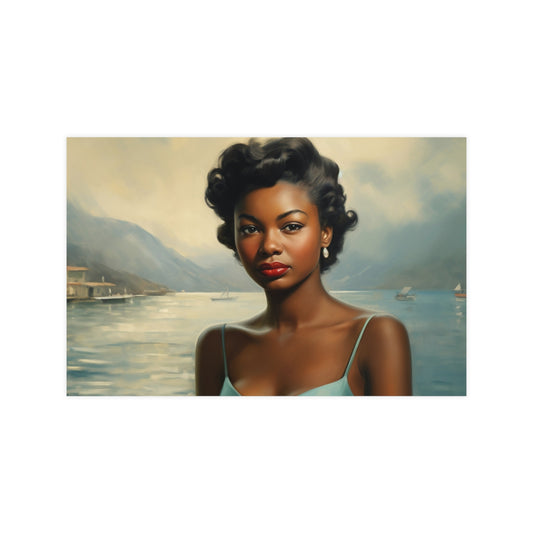 Elegant Black Women in Mediterranean, Teal Dress Poster – Retro Style Art