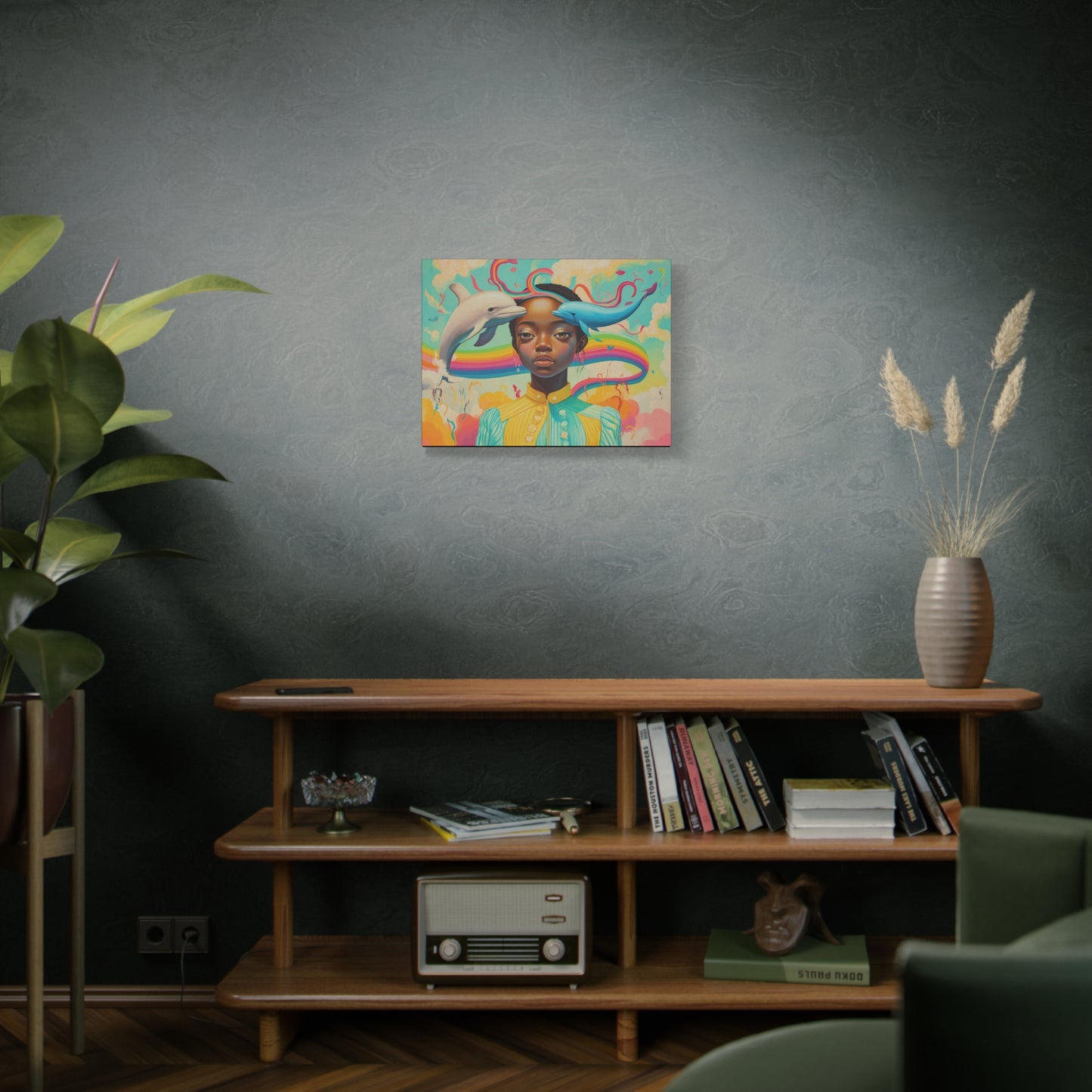 Pastel Dolphin & Girl Canvas Wall Art | Black Psychedelic Art