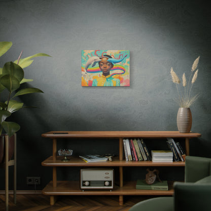 Pastel Dolphin & Girl Canvas Wall Art | Black Psychedelic Art