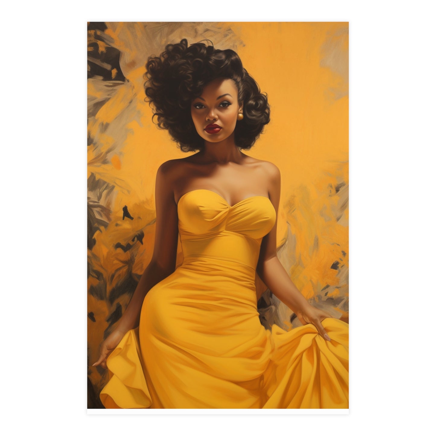 Colorful Retro Glam Poster – Vintage-Inspired Black Woman in Yellow Dress