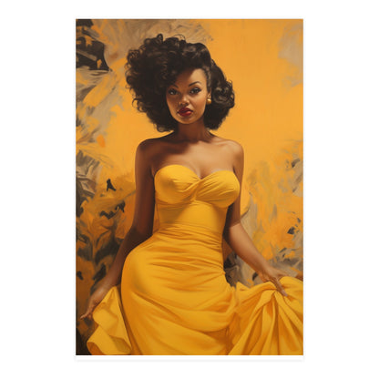 Colorful Retro Glam Poster – Vintage-Inspired Black Woman in Yellow Dress