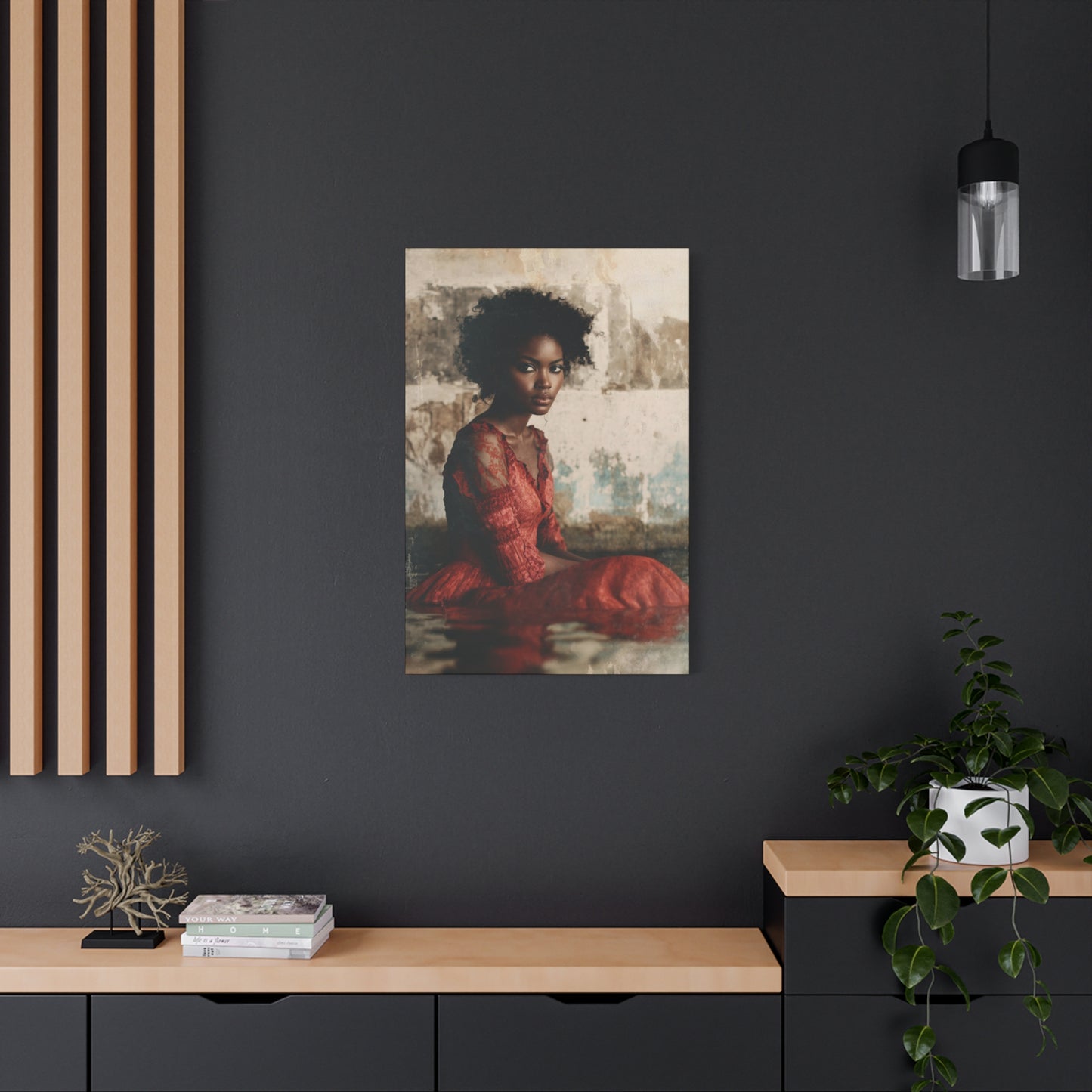 Portrait of Black Woman Natural Hair in Red Lace Dress