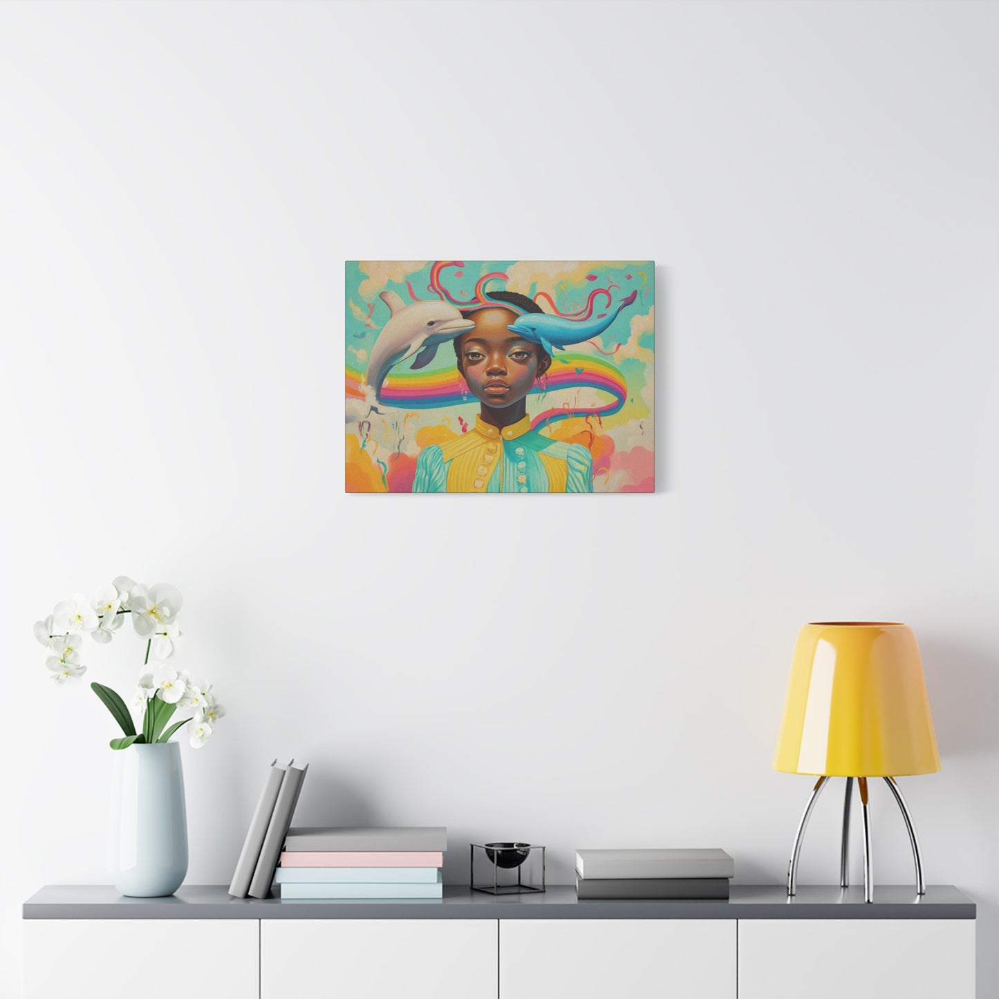 Pastel Dolphin & Girl Canvas Wall Art | Black Psychedelic Art
