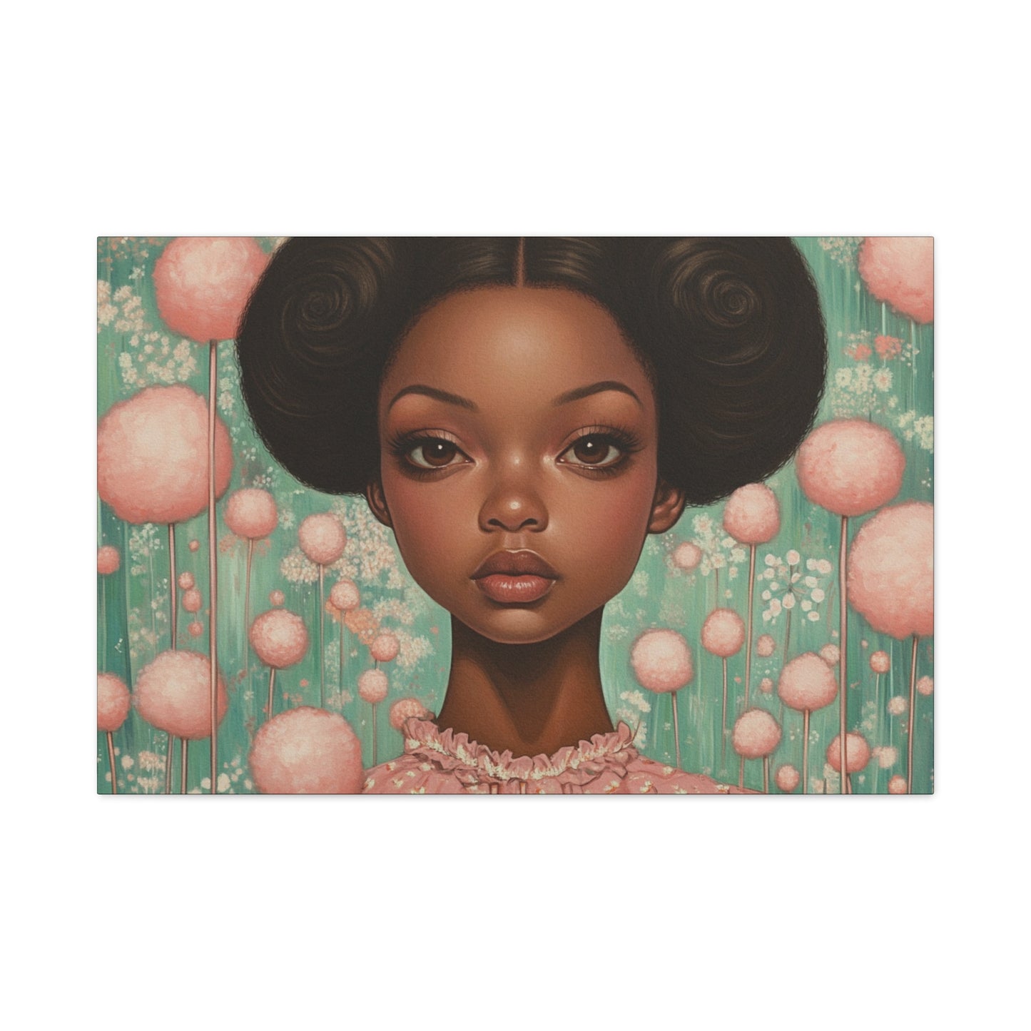 Girl with AfroPuffs Canvas Wall Art for Nursery, Living Room - Pink & Teal