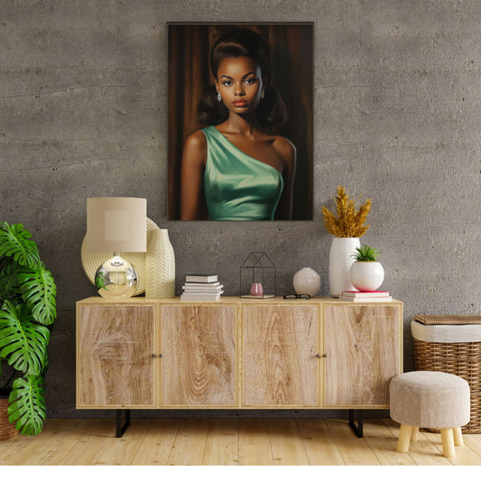 Vintage Hollywood Glamour Black Woman, Teal Dress - Mid Century Style