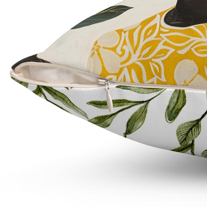 Black Woman, Yellow Bird & Flowers Art | Square Pillow with Zipper | 4 sizes
