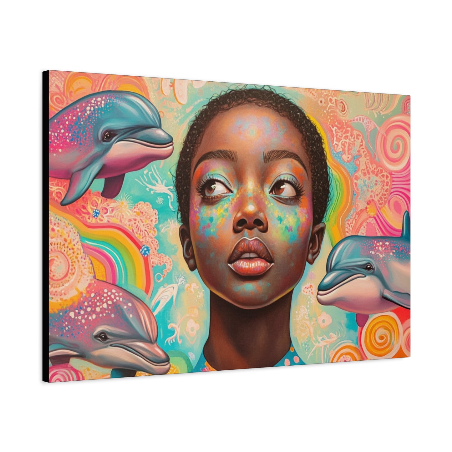 Vibrant Fantasy Dolphin & Black Girl Canvas Wall Art for Nursery, Hallway or Living Room
