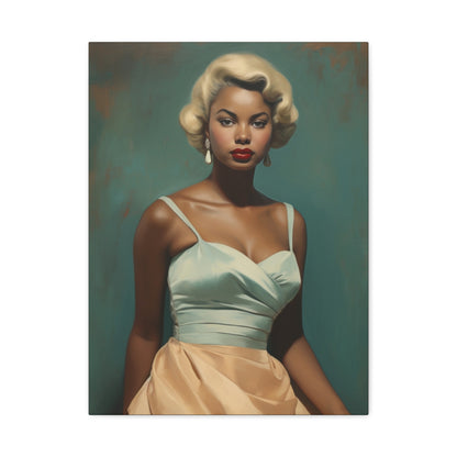 Hollywood Glam Black Woman, Blonde Hair – Blue & Gold Dress