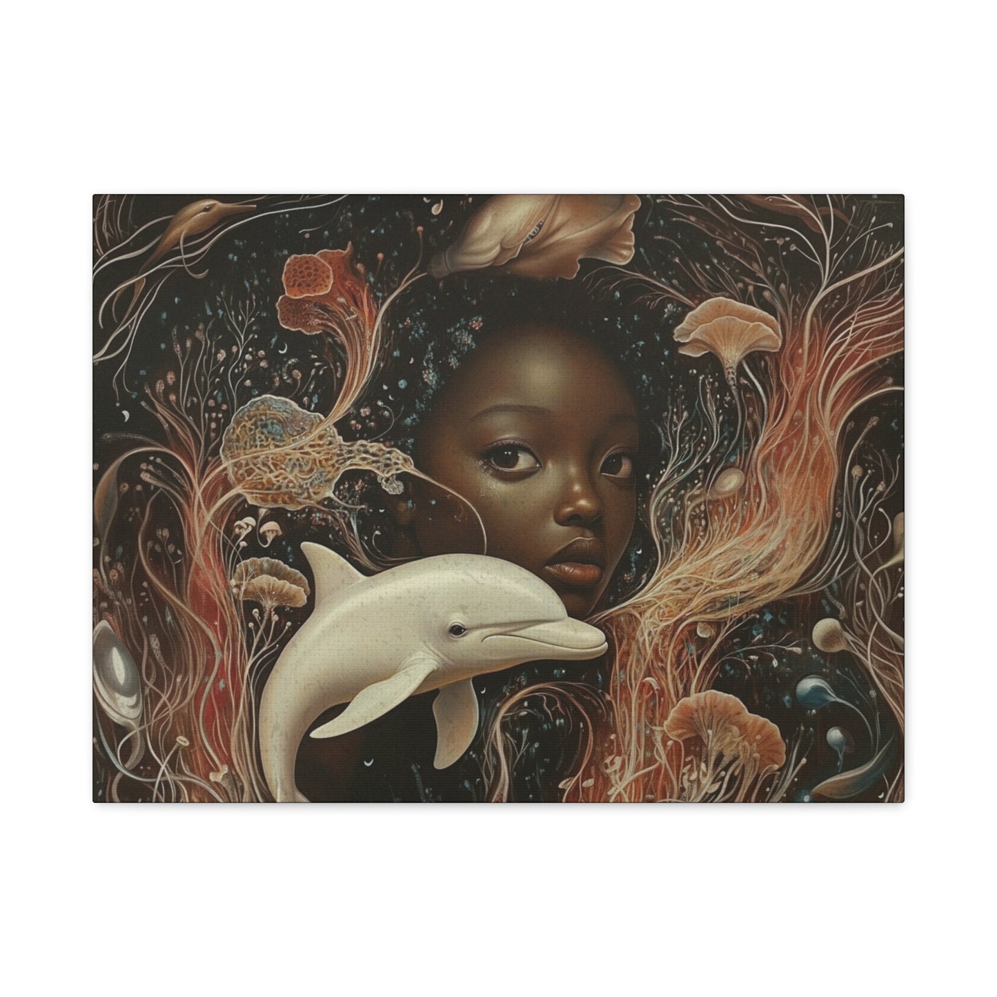 Black Girl and Dolphin Fantasy Art – Mystical Ocean-Themed Canvas Wall Decor