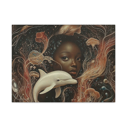 Black Girl and Dolphin Fantasy Art – Mystical Ocean-Themed Canvas Wall Decor