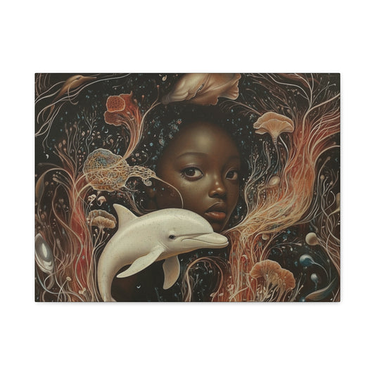 Black Girl and Dolphin Fantasy Art – Mystical Ocean-Themed Canvas Wall Decor