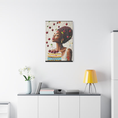 Whimsical Cherry Cake Canvas Art Print –  Joyful Black Woman Portrait