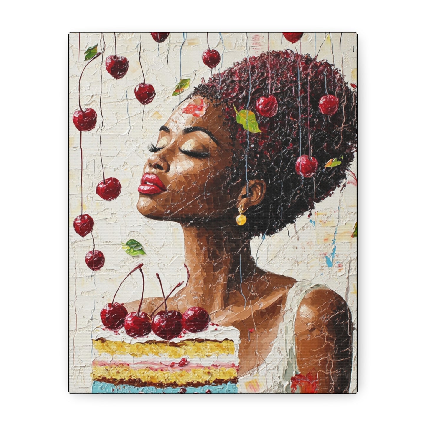 Whimsical Cherry Cake Canvas Art Print –  Joyful Black Woman Portrait