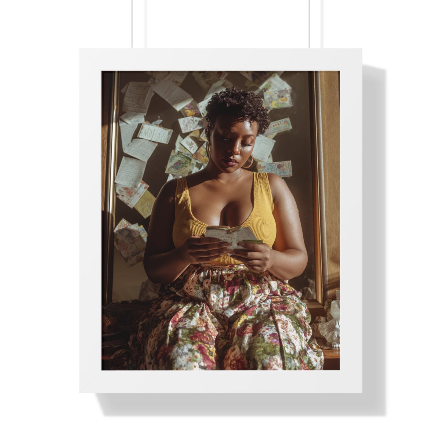 Warm Aesthetic Poster – Black Woman Reading in Floral Skirt with Handwritten Notes