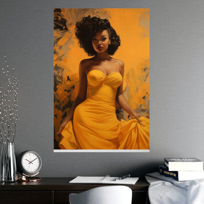 Colorful Retro Glam Poster – Vintage-Inspired Black Woman in Yellow Dress