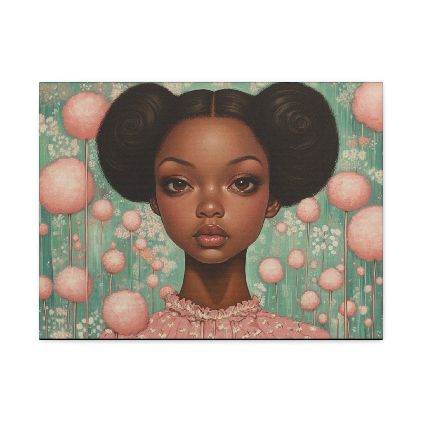 Girl with AfroPuffs Canvas Wall Art for Nursery, Living Room - Pink & Teal
