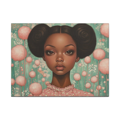 Girl with AfroPuffs Canvas Wall Art for Nursery, Living Room - Pink & Teal