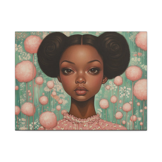 Girl with AfroPuffs Canvas Wall Art for Nursery, Living Room - Pink & Teal