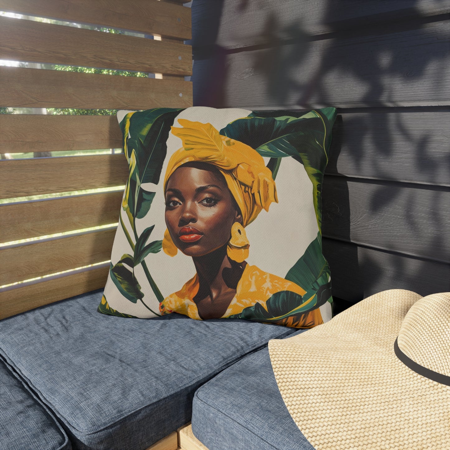 Black Woman in Yellow Headwrap & Dress, Outdoor Pillow, 3 sizes