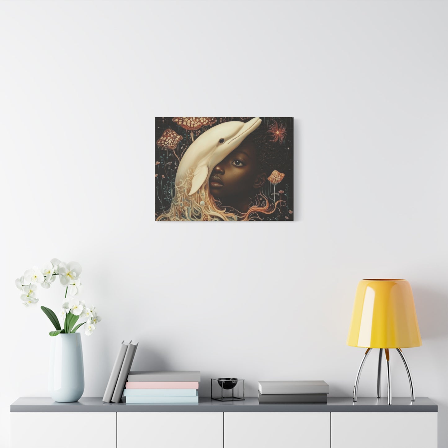 Fantasy Art Print – Black Girl and White Dolphin in Dreamlike Ocean Scene