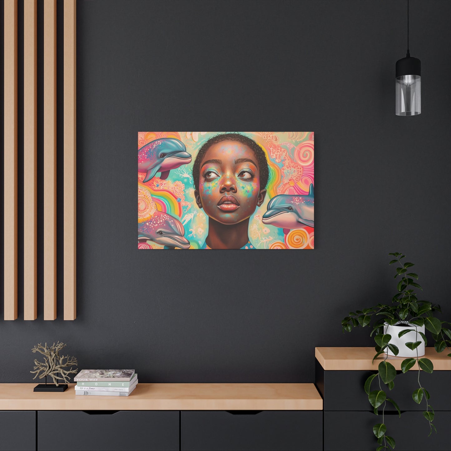 Vibrant Fantasy Dolphin & Black Girl Canvas Wall Art for Nursery, Hallway or Living Room